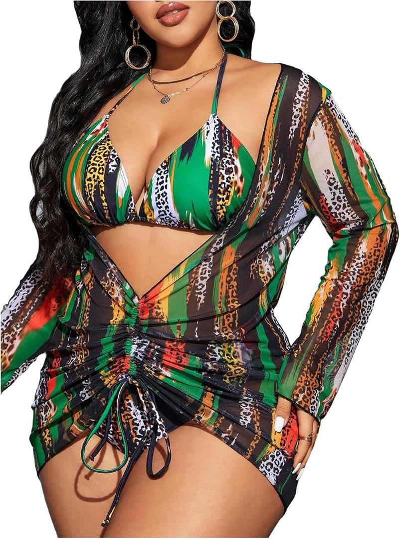 SHENHE Women's Plus Size Leopard Swimsuits 3 Pieces Halter Triangle Bikini Set with Cover Up (4X-Large Plus, Green)
