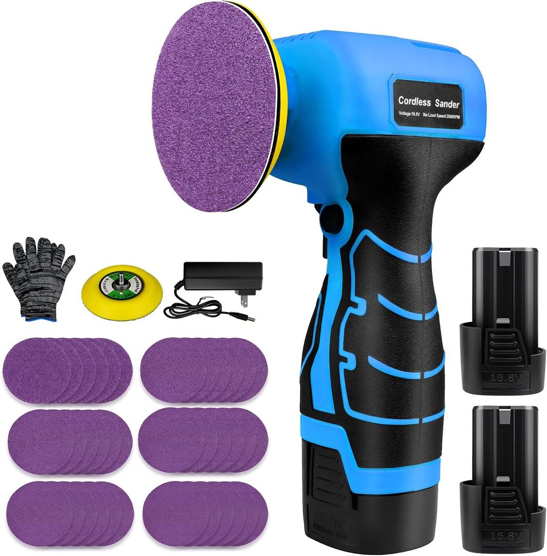 16.8V Cordless Electric Sander with 36PCS Sandpapers, 3500 RPM, 2Pcs 3.0Ah Batteries, Lightweight & Compact Design for Wood, Metal, Paint Removal, and DIY Projects