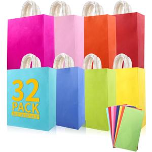 EIOFG Packaging 32Pcs Paper Gift Bags 8 Color with Colorful Tissues, 10.6"x8.26"x4.3" Kraft Paper Party Favor Bags Bulk Rainbow Goodie Bags Large Gift Bags with Handles for Kids Birthday Baby Shower Crafts Wedding Party Supplies (8 Colors)