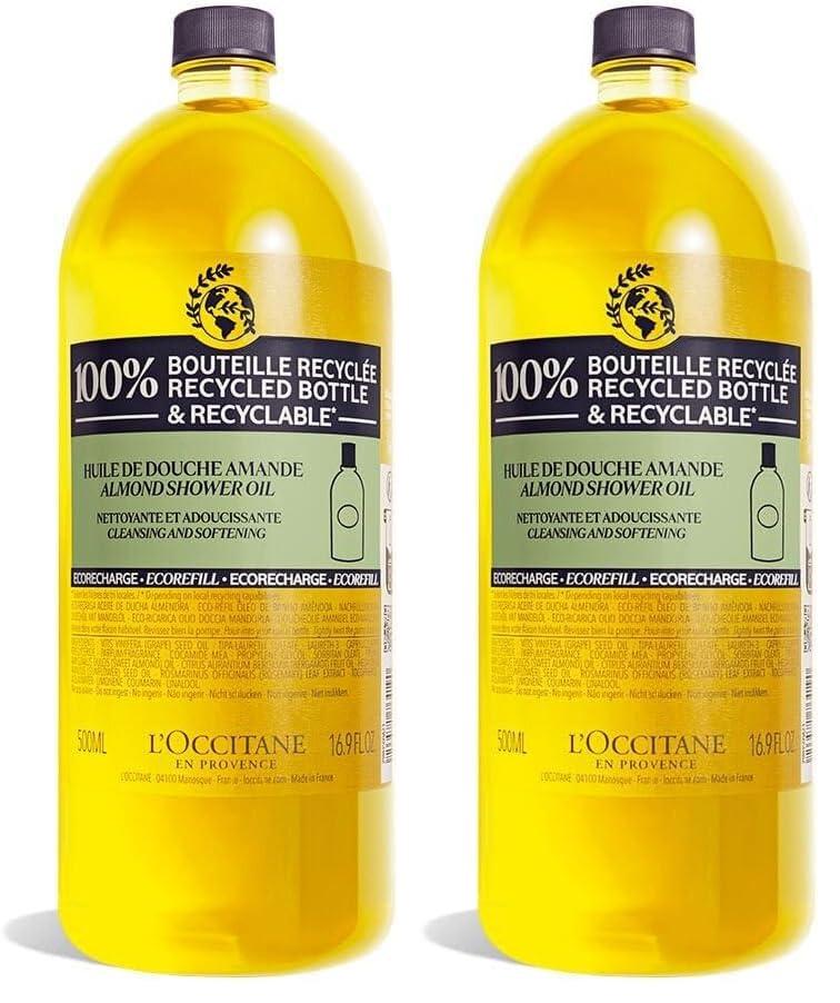 L'OCCITANE Cleansing & Softening Almond Shower Oil, Body Wash & Shaving Base Purifies & Smooths Without Drying Skin, Milky Lather, Nourishing Skincare (16.9 Fl Oz Refill (Pack of 2))