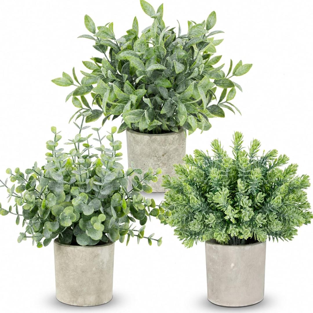 CCILAND 3 Pack Small Potted Fake Plants, Artificial Eucalyptus Plants, Lifelike Faux Frost-Hung Plants Topiaries for Home Office Shelf Desk Living Room Greenery Decor