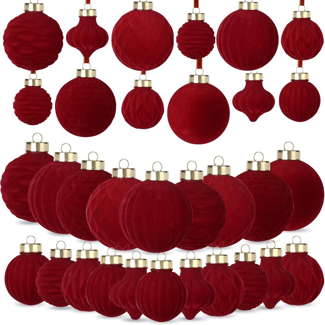 25-Pack Velvet Christmas Ball Ornaments, Shatterproof Premium Fabric Xmas Tree Decorations for Home, Party, Holiday Festive Decor (Burgundy)