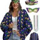 Laqeyko Womens's Outfit for Mardi Gras,6 Pcs Batwing Long Sleeve Open Front Asymmetrical Coat with Mask Headband Necklace,LA261-3-XL