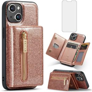 Phone Case for iPhone 14 6.1 inch Wallet Cover with Tempered Glass Screen Protector and Credit Card Holder Slot Glitter Stand Leather Cell iPhone14 5G i i-Phone i14 iPhone14case Women Girls Pink