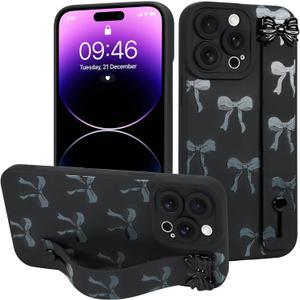 MOWIME for iPhone 14 Pro Max Case with Wrist Strap, Cute Bows Pattern Design Soft TPU Protective Case for Women Girls Slim Anti-Scratch Shockproof Cover with Adjustable Kickstand Holder - Black