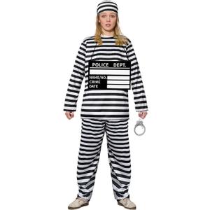 Kavoc 5 Pcs Jail Prisoner Costume Set Black White Striped Criminal Jumpsuit with Inmate Handcuff and Convict Nameplate for Adult Women Halloween Jailbird Cosplay