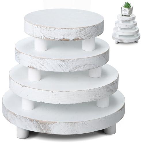 Geetery 4 Pcs Wooden Risers for Display Wood Pedestal Stand Mini Tray Stand Round Wooden Pedestal Holder Rustic Riser for Decor Tiered Tray Decor Home Kitchen, 5/6/7/8 Inch(White)