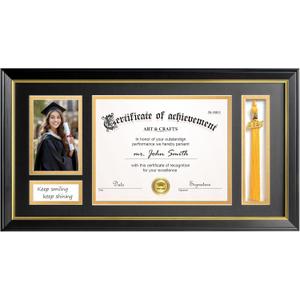 Yaetm 11x22 Diploma Frame with Tassel Holder for 8.5x11 Certificate Document & 4x6 Photo with High Definition Glass, Black Mat Over Gold Acid-free Mat, Black Graduation Frame 2026