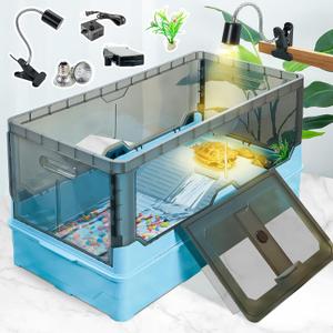 18.1x9.9x9.1 Turtle Tank Kit with Heat Lamp Filter and Wheels Aquatic Turtle Habitat and Aquarium for Small Turtles Hermit Crabs and Frogs Featuring Escape Proof Design and Easy Move Mobility Blue