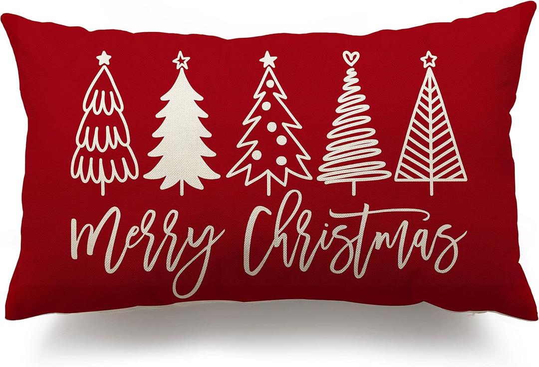 DFXSZ Merry Christmas Pillow Cover 12x20 Farmhouse Christmas Throw Lumbar Pillow Cover Decorations Christmas Tree Holiday Decor Case for Home Couch (Red)