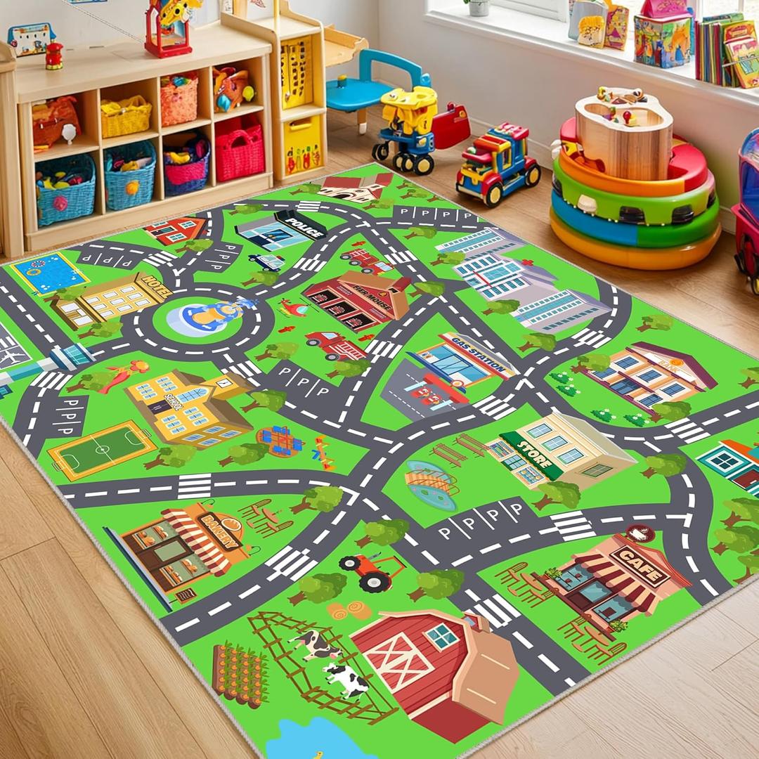 Kids Room Rug - Soft & Non-Slip 7x9 Ft Town Car Rug City Map Play Mat, Childrens Road Catpet Washable Rug for Classroom Nursery Bedroom Boys