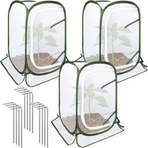 Augshy 3 Pack Pop Up Plant Covers Plant Protectors Tent Mesh Plant Protectors from Animals and Birds Garden Net Cage with Stakes for Protect Outdoor Plants Vegetables Flowers Shrubs 13"x13"x20"