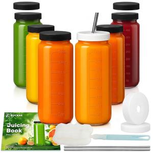 Ruckae 16oz 7 Pack Juice Bottles, Glass Bottles Juicing with Lids, Smoothie Cup Lids and Straws, Water Bottle Mason Jar Drinking Glasses for Juicing, Smoothies, Kombucha