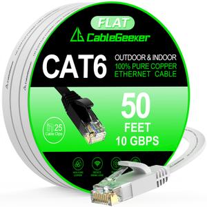 Cat 6 Ethernet Cable 50 ft, Indoor&Outdoor, High Speed 10Gbps Flat Internet Network Cable, Cat6 Ethernet Patch Cable Long, Computer LAN Cable with Free Clips & Straps for Router, Modem, PS4/5, White
