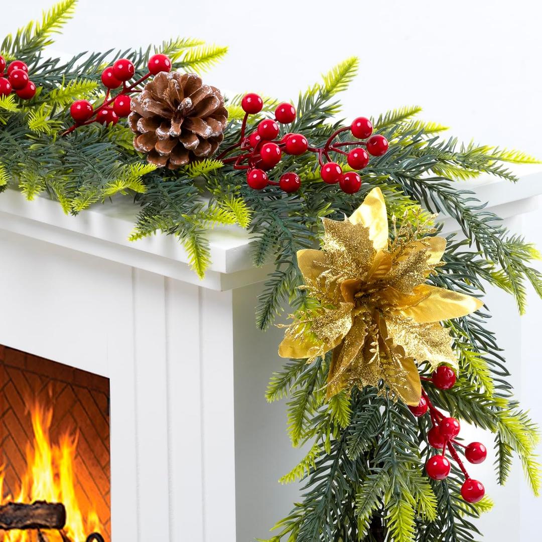 6.5FT Christmas Garland with Star Lights,Prelit Christmas Decorations,Lighted Garland with Battery Operated,Golden Flower Denser Realistic Gradient Xmas Greenery,Home Decor for Mantle Fireplace Table
