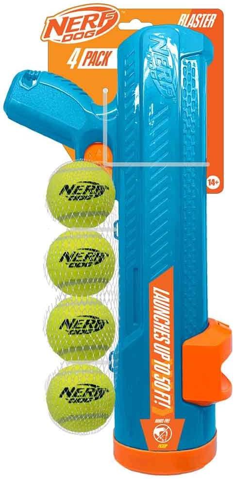 Nerf Dog 16in EXO Blaster Without Ball Clip and 2.5in Non-Squeak Tennis Ball 4-Pack Dog Toy - Light Blue/Orange and Green