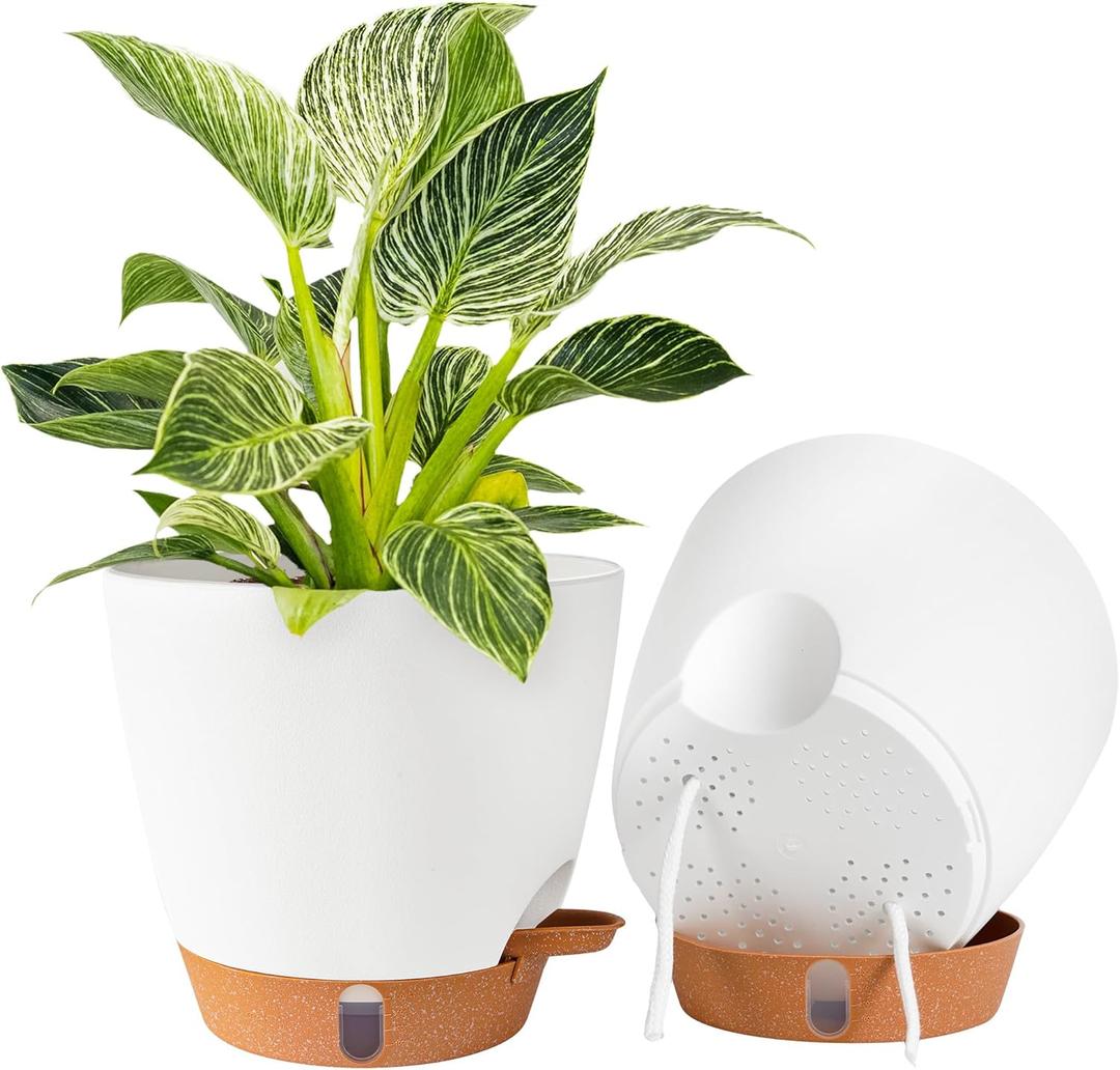 2 Pack 8 Inch Pots for Plants Indoor, Plastic Self Watering Planters with Drainage Holes, Water Level Indicator & Deep Reservoir, Decorative Flower Pots Indoor Outdoor Use (White)