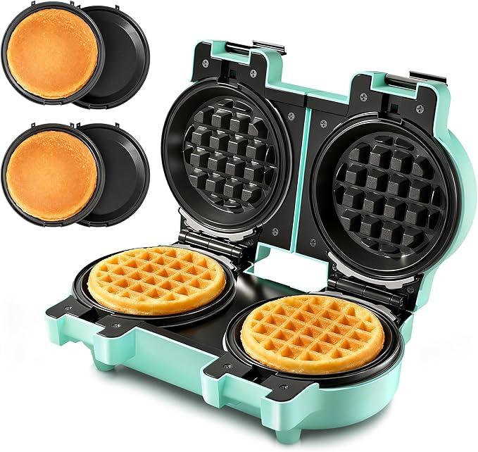 2in1 Double Waffle & Pancake Maker  CACHOO Mini 4" Nonstick Waffle Iron & Small Round Griddle with 4 Removable Plate Sets, Dishwasher Safe, Perfect for Small Spaces, Apartments & Dorms, Aqua