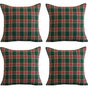 Softalker Christmas Pillow Cover 18x18 Set of 4 - Green Tartan Checkered Throw Pillow Cover, Farmhouse Buffalo Plaid Xmas Decorative Cushion Case for Couch Sofa, Christmas Holiday Decor