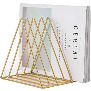 QPEY Triangle File Holder,5 Slot Metal Vinyl Record Stand Holder Magazine Newspaper Holder Photography Props for Office Home 1 Pc (Gold)