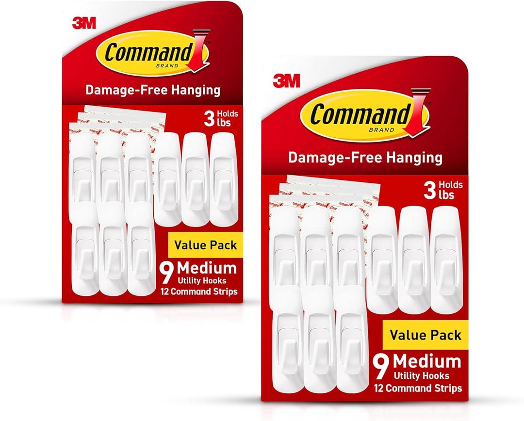 Command Medium Utility Wall Hooks with Adhesive Strips, No Tools Required for Hanging Organizational Items in Living Spaces, 18 White Hooks and 24 Strips
