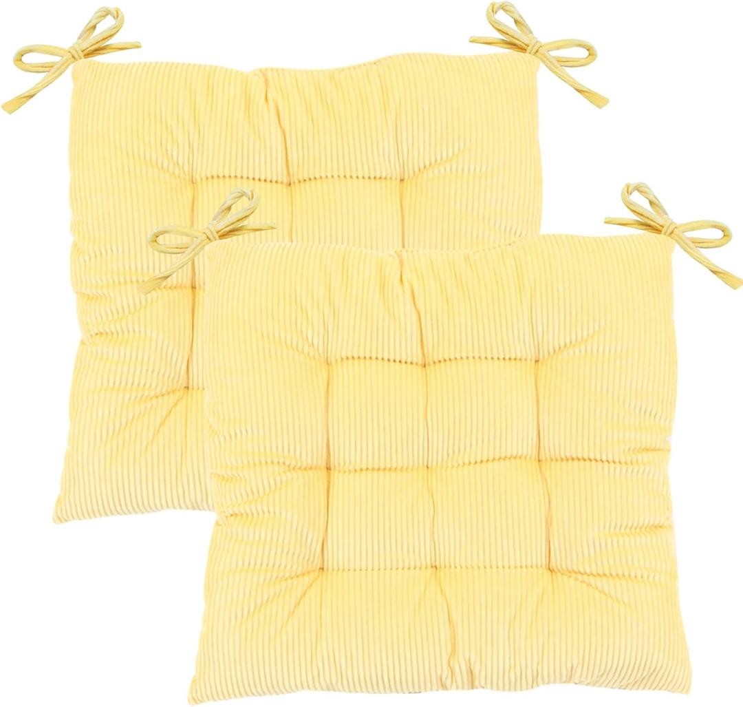 2Pack Chair Cushions for Dining Chairs 15.7"X15.7" Corduroy Chair Pads with Ties Indoor Non-Slip Square Seat Cushion for Kitchen Office Chairs Computer Desk Seat Pad, Light Yellow
