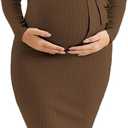 Ecavus Women's Winter Maternity Sweater Dress Long Sleeve V Neck Slim Fit Ribbed Knit Midi Bodycon Dresses with Belt (Large, Coffee)