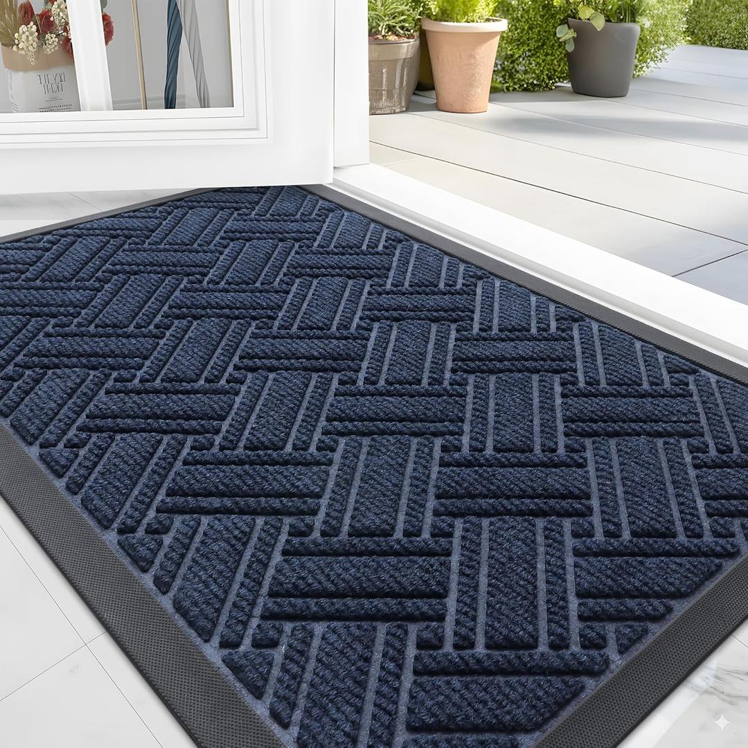 OLANLY Indoor Outdoor Mat, Sturdy Natural Rubber Floor Mat, Non Slip Low Profile Waterproof Doormat, and Stain Front Door Mats, Easy Clean Patio Entrance Mat, 48''x32'', Navy