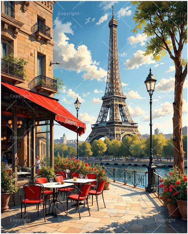 Paris Caf Scene Paint by Numbers Kit for Adults - DIY Eiffel Tower with Red Canopy Bistro Painting on Canvas 16x20 Inches, Acrylic Paint Set, Suitable for Beginners, Art for Home Decoration or Gifts