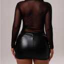 RoseSeek Women's Long Sleeve Mesh Tops Ruched Crew Neck See Through Tight T Shirts (Black, S)