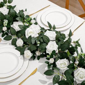 2 Pack 11.2 Ft Artificial Flower Garland with White Roses, Realistic Fake Greenery Vines with 17 Roses Flowers for Wedding Table Centerpieces Arch Party Ceremony Backdrop Decor(White)
