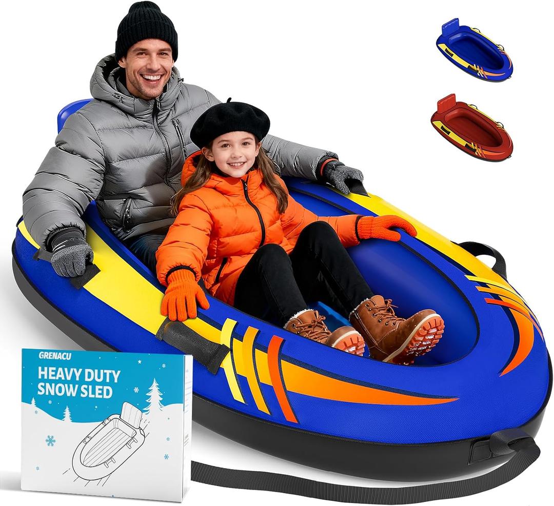 2 Person Inflatable Snow Sled with Premium Canvas Cover, Snow Tubes for Sledding Heavy Duty with Backrest and Handles for Adults, Winter Outdoor Toys Gifts for Boys Girls Family
