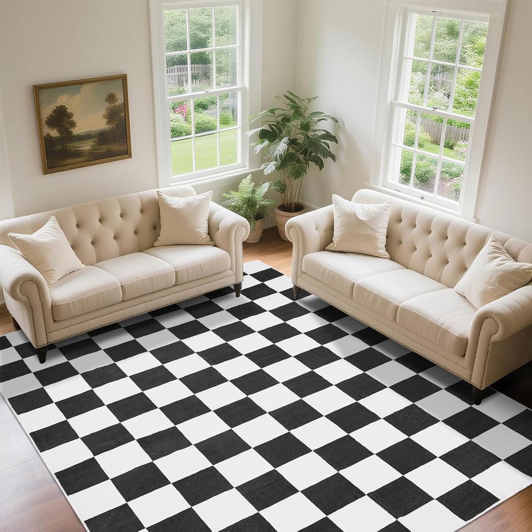 Washable Checkered Rug, 8x10 ft Black and White Rug, Low Pile Area Rugs for Living Room with Non-Slip Backing for Bedroom Playroom Classroom Office Dorm and Kids Room
