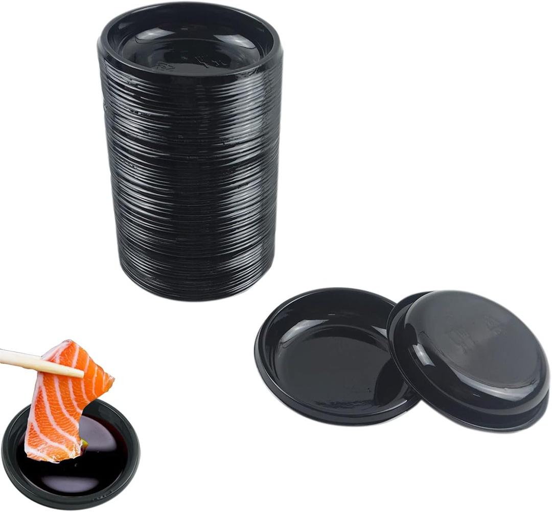 100 pcs Mini 3.11"x3.11" Dipping Sauce Dishes, Plastic Disposable Round Black Soy Sauce Plate Set, Condiment Serving tray, Seasoning Platter, Appetizer Bowel -for Sushi Mustard Vinegar Soy BBQ Ketchup
