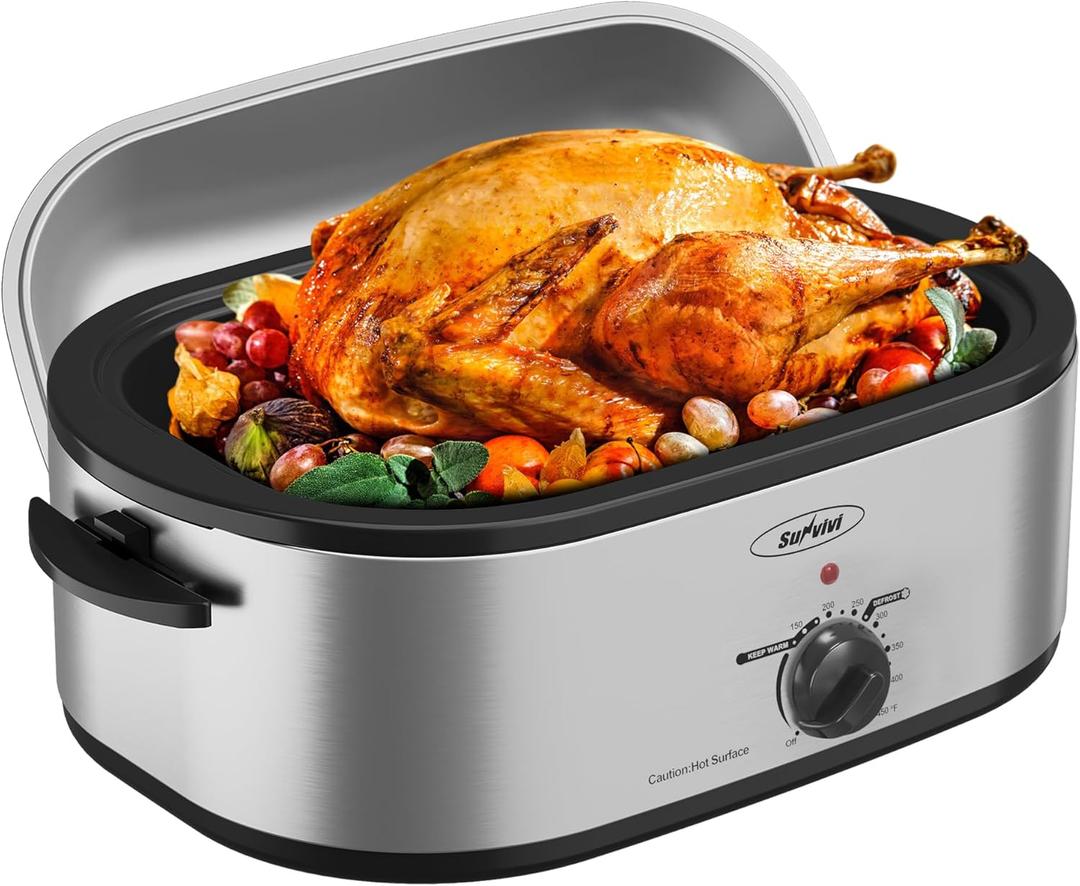 22-Quart Electric Roaster Oven with Removable Pan and Self-Basting Lid, Perfect for Turkey Roasting with Temperature Control from 150 to 450F and Cool-Touch HandlesSilver