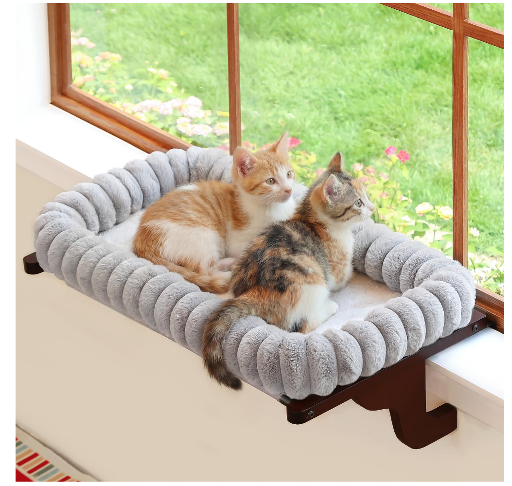 Zakkart SnugCloud Cat Window Perch with 4-Sided Bolster - Large Cat Hammock for Window Sill - Solid Hardwood & Metal Frame - Window Seat for Pets (Dark Stained Wood w/Gray Bed, Large)