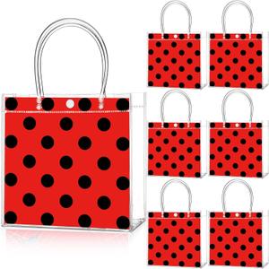 Teenyyou 24 Pcs Ladybug Party Favor Bags Clear PVC Goodie Treat Tote Gift Bags with Handles Ladybug Theme Birthday Party Supplies
