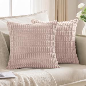 2 x JELLYMONI 2 PCS Throw Pillow Covers, Corduroy Striped Decorative Pillows Cover for Farmhouse Boho Home Decor, Living Room Bed Sofa Couch Pillow Covers 16x16in, Pink