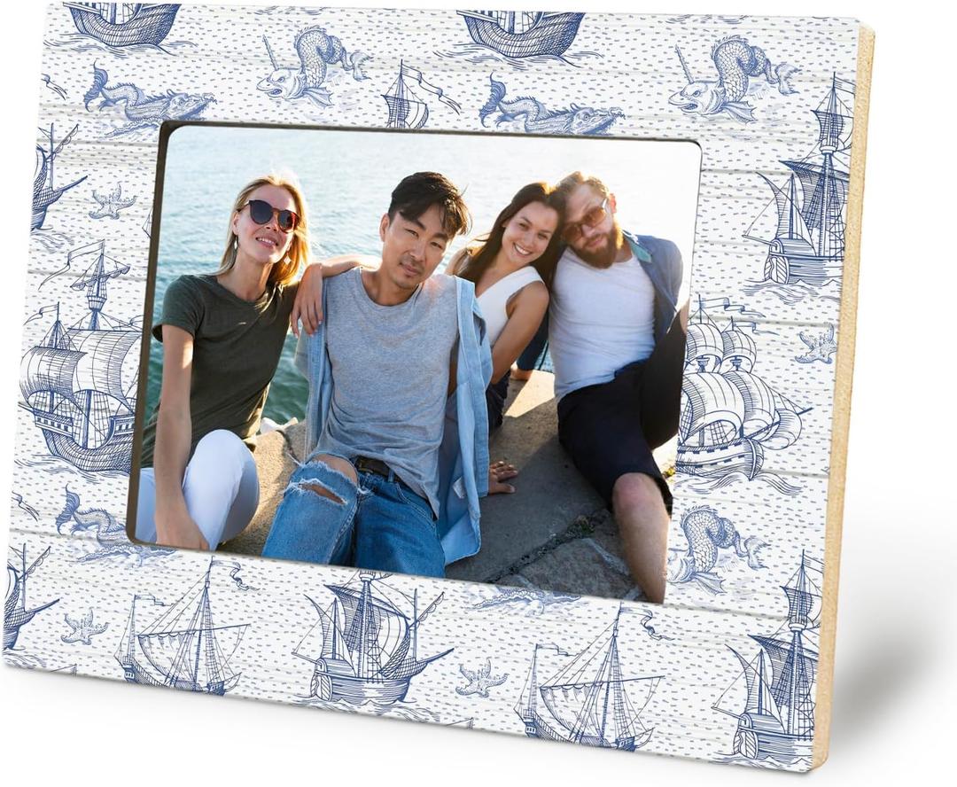 Vintage Blue and White Nautical Picture Frame 5x7, Sailboat Gifts, Coastal Old Sailboat and Sea Monster Photo Picture Frames for Beach House Desk Tabletop Wall Display Decorations