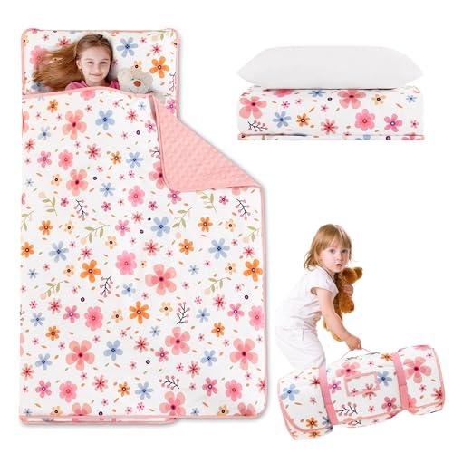 Cozyholy Toddler Nap Mat with Pillow and Blanket Colorful Floral Fleece Kindermat Girls Nap Mats for Preschool Daycare Soft Kids Sleeping Bag Portable Sleeping Mat Toddler Cot Bed for Travel Camping