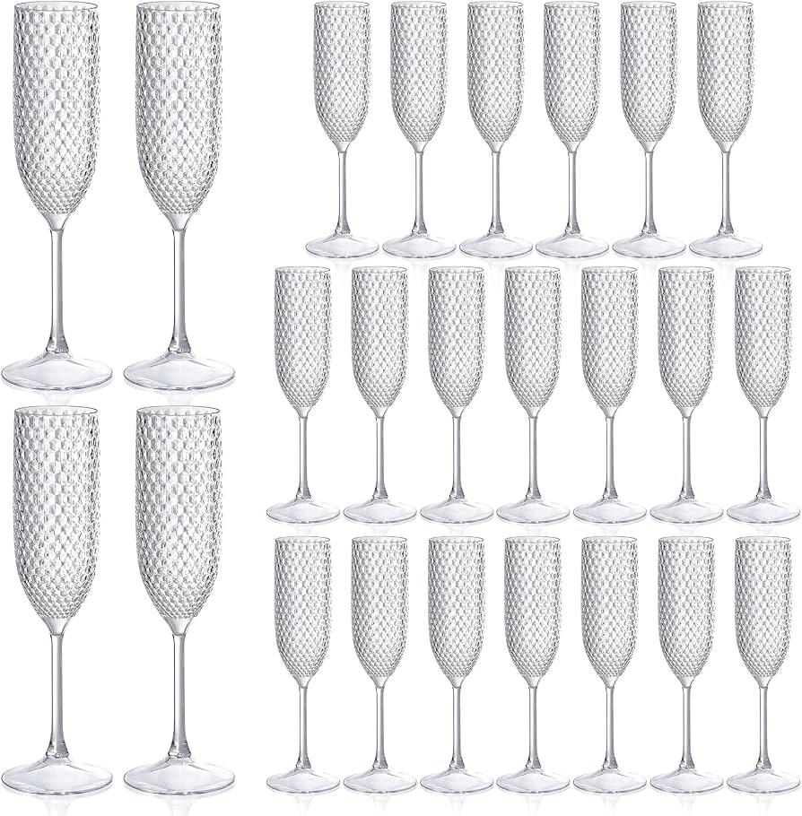 LEYIQU 24PCS Transparent Plastic Champagne Flutes Diamond Crystal Glasses Vintage Goblet Unbreakable Wedding Toasting Cups Wine Drinking Glasses for Bridal Shower