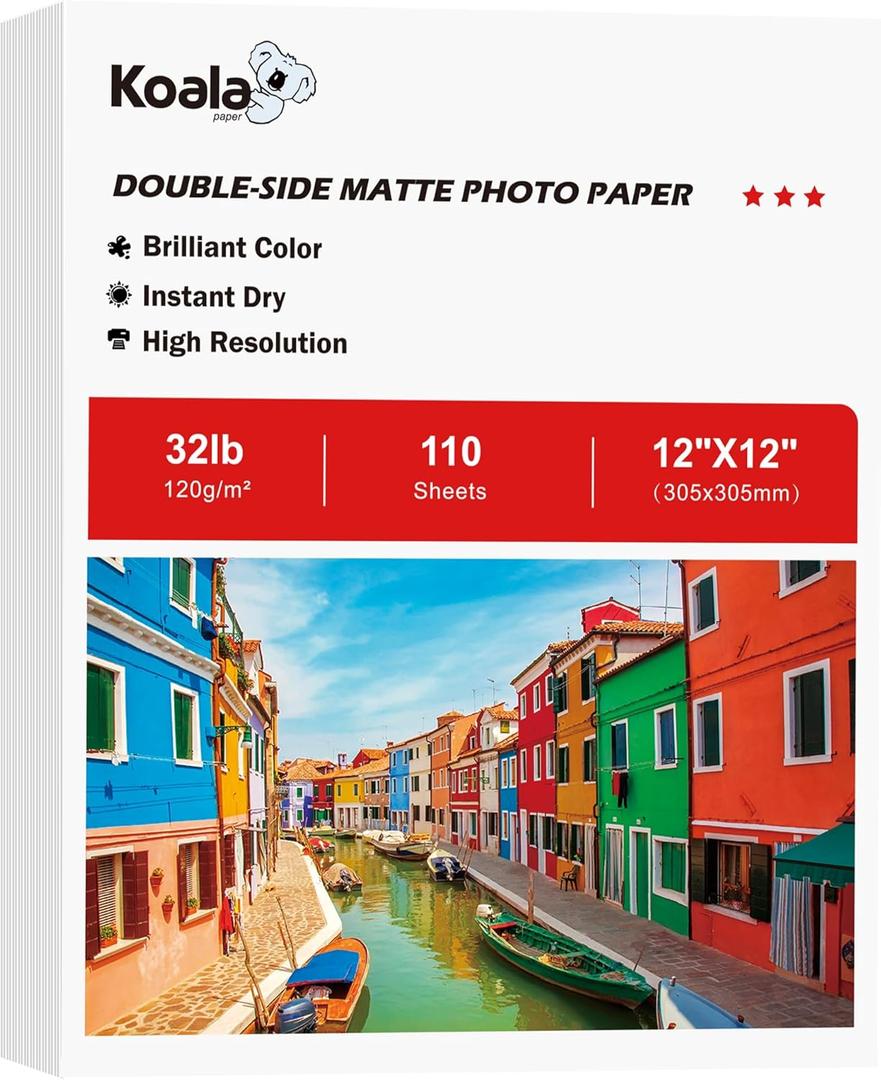 Koala Thin Presentation Paper Double-Sided Matte for Printing Photo 12X12 Inches 110 Sheets Square Photo Paper 32LB Compatible with Inkjet Printer