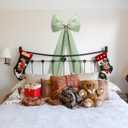 Large Christmas Tree Topper Bow 46"x15.7" Floral Block Print Xmas Tree Toppers Bows Christmas Wreath Decor for Home Indoor/Outdoor Holiday Decor(Green)