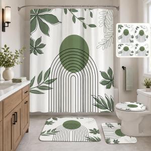 Inhousolu 4-Piece Shower Curtain Set with Bathroom Rugs, Water-Repellent Shower Curtain, Non-Slip Bath Mat, Toilet Lid Cover, U-Shaped Toilet Rug, 12 Hooks, 72 x 72 Inch, Leaves & Geometry