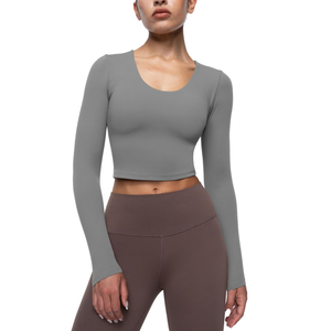 Womens Long Sleeve Shirts Workout Crop Tops Yoga Tee Built in Bra Mild Support Cream Feeling Athletic Top U-Neck L
