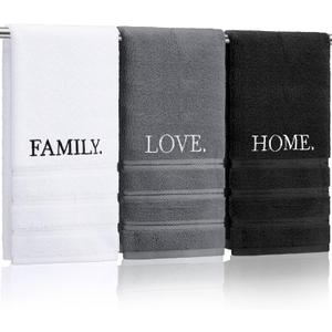 FuWeave 3 Pcs Farmhouse Decorative Hand Towels for Bathroom and Kitchen Rustic Embroidered Cotton Hand Towels Decorative Set for Boho Bathroom Decor(Black,Home Love Family)