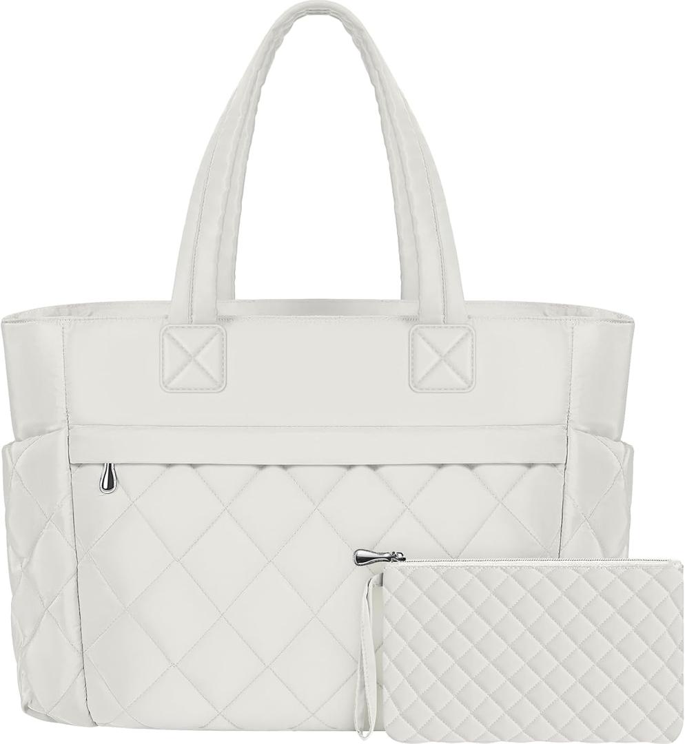 Tote Bag for Women, 15.6 Inch Laptop Bag, Large Quilted Work Shoulder Bag Ultra Lightweight Puffer Handbag for Travel (23L, Beige)