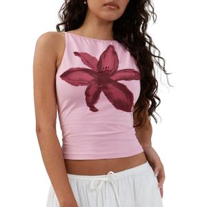 BAIGRAM Women Cute Y2K Hibiscus Floral Print Crop Cami Tops Sleeveless Slim Aesthetic Preppy Tank Summer Outfits Going Out (L)