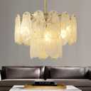 Gold Modern Crystal Chandeliers 16.4in 2 Tier Pendant Light Fixtures 6-Light Round Cloud Glass Chandelier White and Gold Hanging Lighting for Dining Living Room Kitchen Island Bedroom Hallway, W16.4" x H16.4"