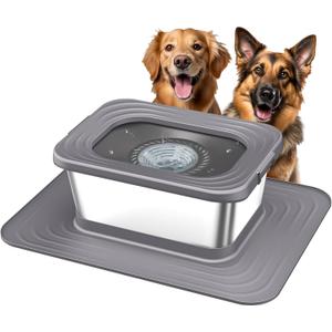 Decflow 10L Stainless Steel Dog Water Bowl, No Spill Anti-Splash Dog Bowls with XXL Silicone Mat, Spill-Proof Slow Feeder for Messy Drinkers, Heavy Duty Pet Bowls for Indoor/Outdoor Use Grey